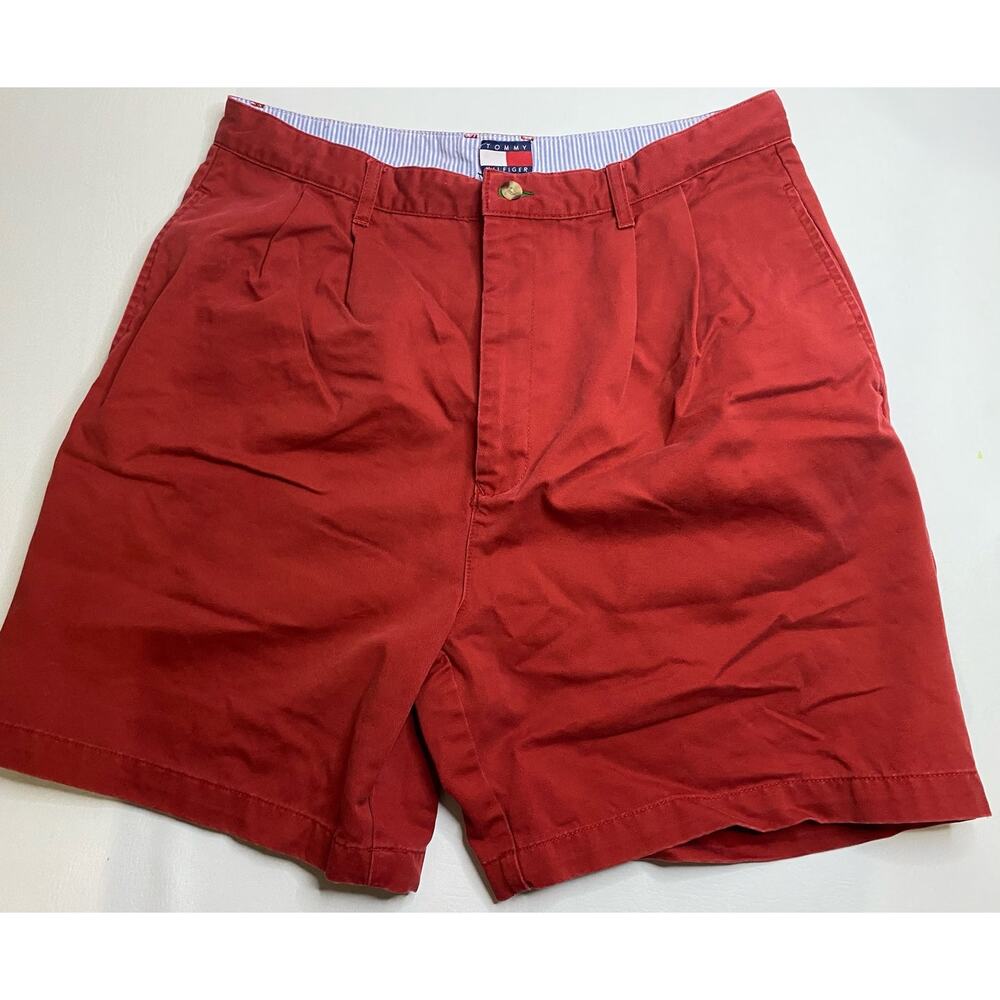 VTG Tommy Hilfiger Shorts Men's 36 Red Bermuda Casual Pleated Cuffed Outdoor